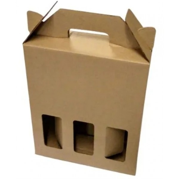 Caixa Vinho 3 Garrafas - Papelão Pardo Onda Simples (Pacote com 50 Unidades) 26 x 09 x 34